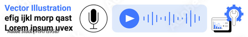 Voice recognition, technology interfaces, data processing, audio analysis, AI applications, software design. Microphone, sound waves play symbol and graph with gear. Voice recognition