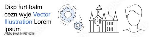 Engineering, architecture, identity, creativity, history, design visualization. Gears, a castle and a human face drawn in minimal linear style. Engineering and architecture concepts