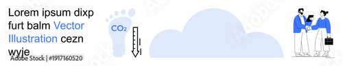 Sustainability, carbon emissions, environmental responsibility, CO2 reduction, corporate collaboration, ecological balance. A footprint labeled CO2 and a business meeting. Sustainability and carbon