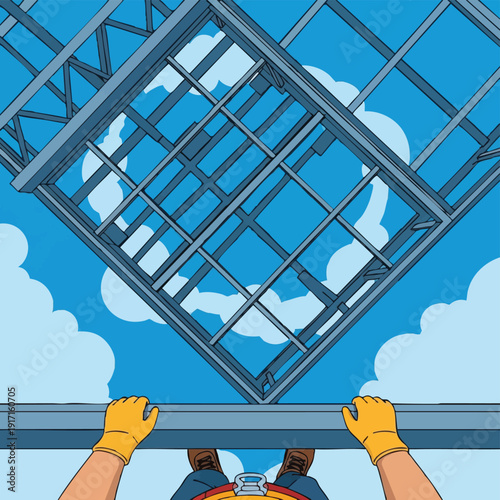 Construction worker lifting metal grid against blue sky.