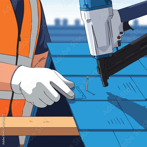Construction worker roofing with nail gun.
