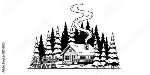 Cozy Mountain Cabin in Winter Forest Vector, Black and White Slow Travel Design
