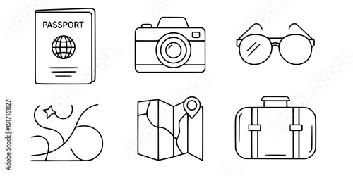 Travel Essentials Icon Set Flat Vector, Black and White Tourism Graphic Assets
