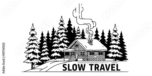 Cozy Mountain Cabin in Winter Forest Vector, Black and White Slow Travel Design