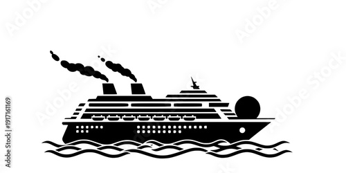 Luxury Cruise Ship on Ocean Flat Vector, Black and White Vacation Cruise Design