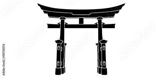 Traditional Japanese Torii Gate Vector Art, Black and White Japan Travel Icon