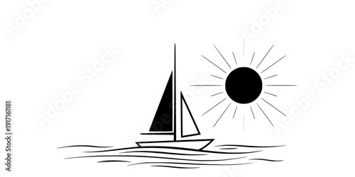 Minimalist Sailboat on Calm Sea Vector Illustration, Black and White Nautical Design