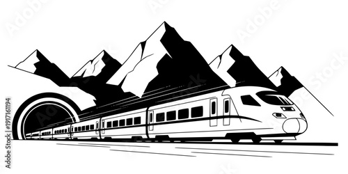High-Speed Train and Mountain Tunnel Vector, Black and White Modern Rail Travel