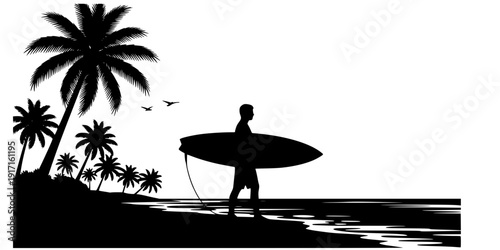 Surfer on Tropical Beach Silhouette Vector, Black and White Surfing Vacation Art