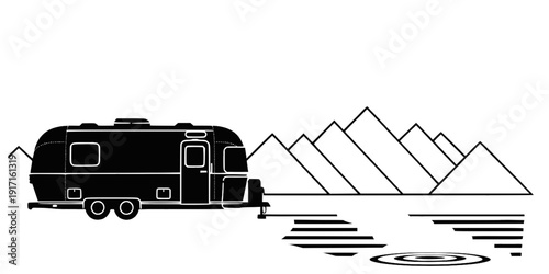 Camper Trailer by Lake Vector Illustration, Black and White Outdoor Travel Art