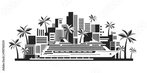 Caribbean Port and Cruise Ship Vector Art, Black and White Tropical Destination