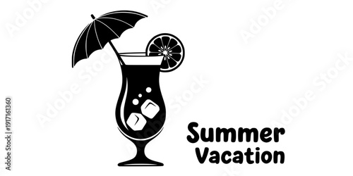 Tropical Cocktail Drink Flat Vector Art, Black and White Summer Holiday Design