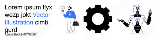 Artificial intelligence, technology innovation, automation, professional development, teamwork, machine learning. A gear symbol, a robot and a person holding a light bulb. Artificial intelligence