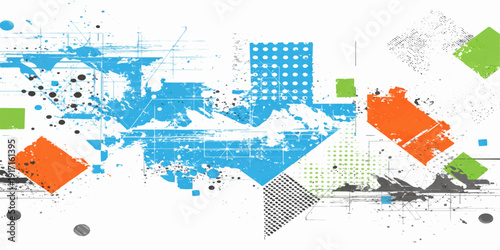 Abstract colorful grunge background with arrows and digital world elements