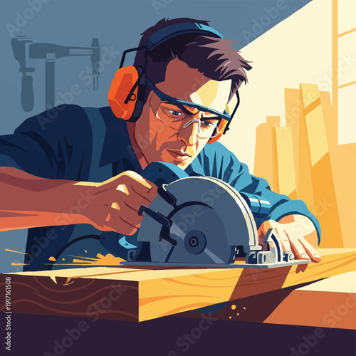 Carpenter cutting wood with circular saw in workshop.