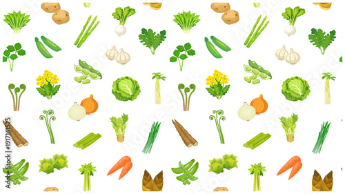 春野菜のシームレスパターン背景｜フラットベクターイラスト