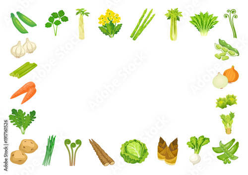 春野菜の囲みフレーム背景｜手描き風フラットベクターイラスト素材