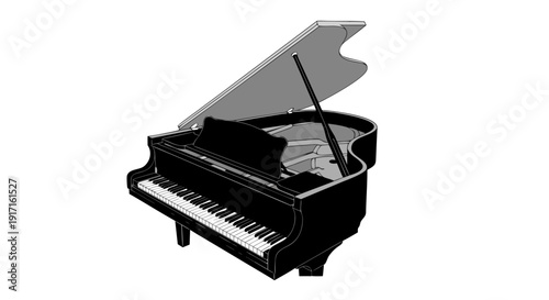 Detailed vector illustration of a classic black grand piano with its lid open on a white background