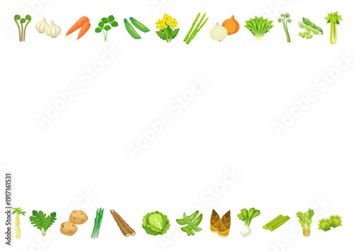 春野菜の上下フレーム背景｜手描き風フラットベクター素材
