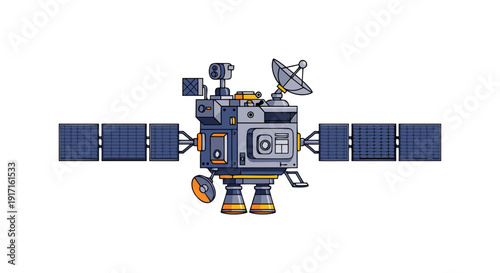 Detailed cartoon illustration of a functional solar powered space probe orbiting distant celestial bodies in orbit