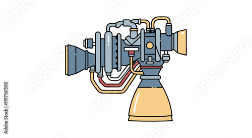 Detailed illustration of a complex liquid fuel rocket engine assembly with multiple pipes and nozzles