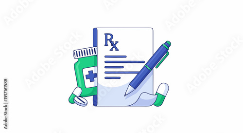 Illustration depicting a medical prescription form alongside a pen a green pill bottle and various pharmaceutical capsules