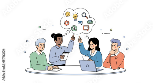 Diverse business team collaborating actively during a meeting to generate innovative ideas and solutions together