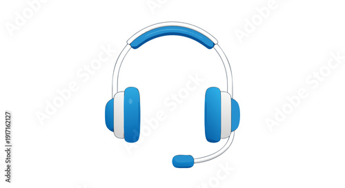 Simple cartoon illustration of a blue and white headset with an attached microphone icon isolated on white.