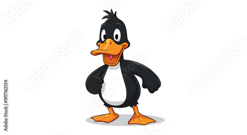 Cute black cartoon duckling character illustration standing confidently with an enthusiastic expression