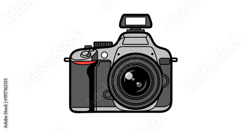 Professional digital slr camera illustration featuring a prominent lens and built in flash unit