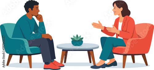 Man and Woman Conversing in Armchairs with Coffee Table Illustration