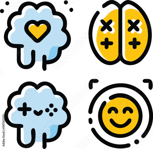 Happy Brain Character Icon, Positive Mental Health Illustration