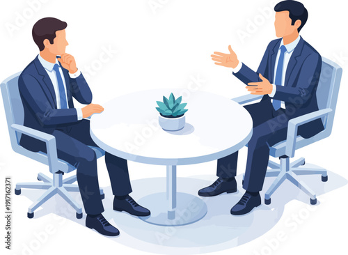 Two Businessmen Meeting at Round Table with Plant Vector Illustration