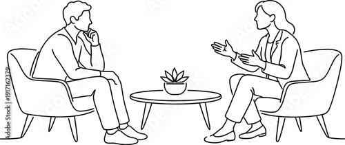 Man and Woman Conversing in Chairs with Table and Plant Line Art Illustration