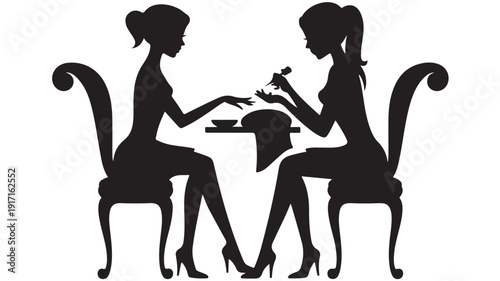 Two women engaging in a nail care session sitting on ornate chairs, viewed from the side in a simple, graphic illustration.