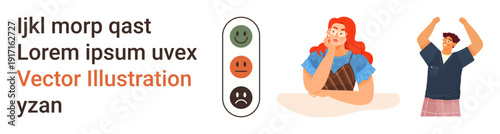 Emotional awareness, mental health, decision making, stress management, feedback systems, communication. Thoughtful woman and stressed person with emotion indicator icons. Emotional awareness