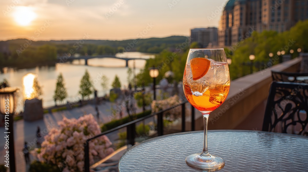 Obraz premium Glass of refreshing orange cocktail rests on an outdoor patio table overlooking a cityscape and river at sunset