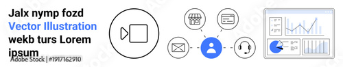 Video camera icon with user network linking email, phone, chat, and store symbols adjacent analytics dashboard. Ideal for communication, customer support, teamwork, remote work, e-commerce data