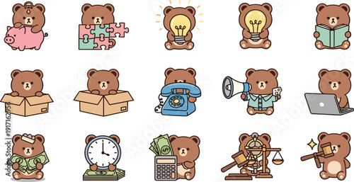 Cute brown bear character business and daily activities set, flat vector illustrations with teddy bear saving money, reading, working on laptop, and using a megaphone isolated on white background.