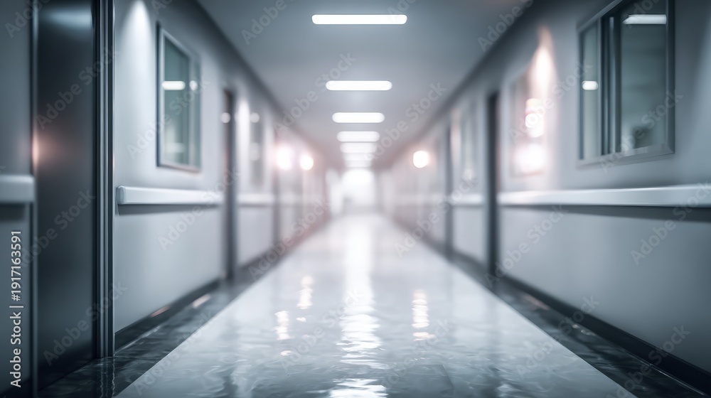 Fototapeta premium Long, sterile passageway with evenly spaced artificial lights receding into the distance