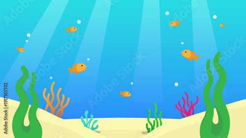 Soft blue underwater world with seaweed, fishes, bubbles, and gentle sun rays.
