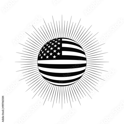 American flag sphere with sunburst effect in black and white
