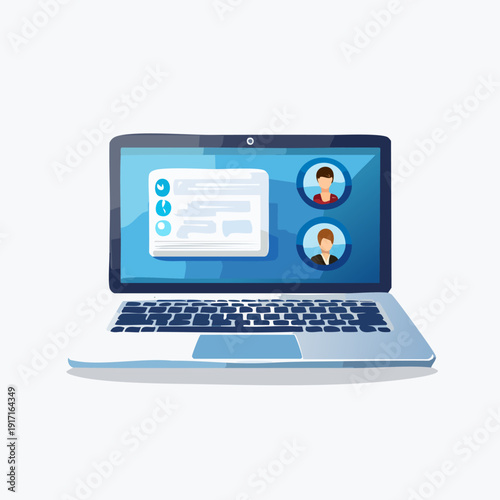 Laptop screen displaying video conference with two participants.