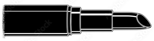 Simple black and white icon representing a classic lipstick tube with the vibrant colored makeup exposed and ready for application.
