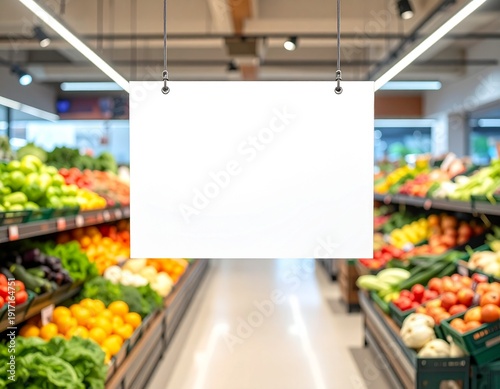 Aisle in a grocery store with blank sign.