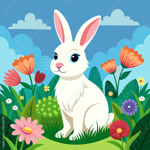 Cute White Rabbit Sitting in a Vibrant Spring Meadow with Colorful Flowers