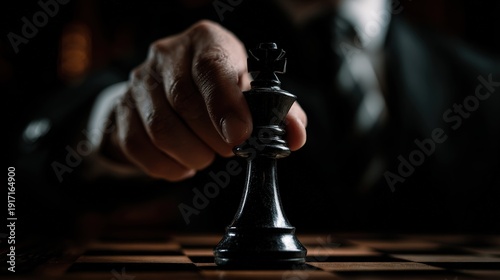 Determined hand moves dark game piece into position on checkered board