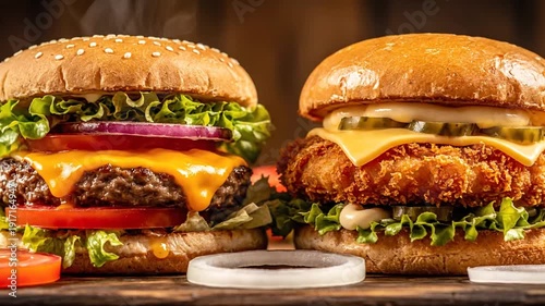 Delicious Duo Classic Beef Cheeseburger and Crispy Chicken Sandwich, Freshly Prepared and Ready to Savor