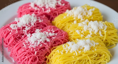 Vibrant pink and yellow string hoppers (idiyappam) topped with fresh grated coconut, served neatly on a white plate, showcasing a traditional South Asian breakfast.