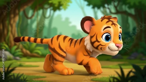 A cartoon tiger crouches playfully on a forest path with a joyful expression.